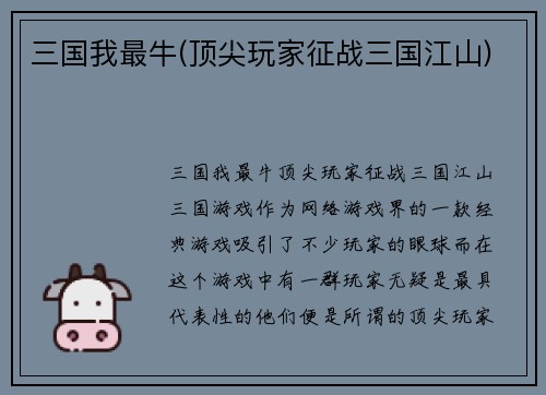 三国我最牛(顶尖玩家征战三国江山)